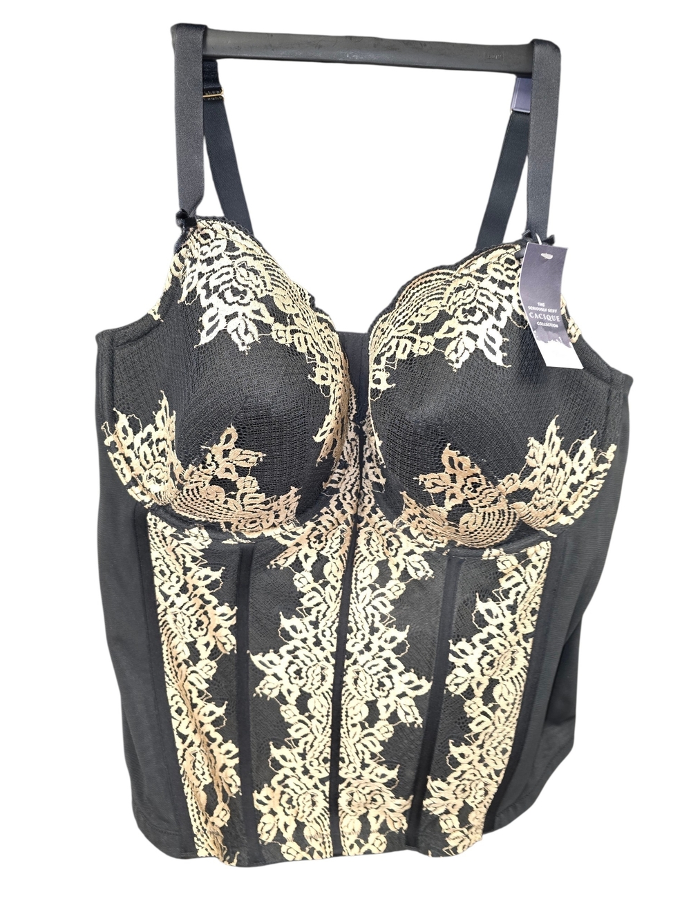 NWT Cacique Black Gold Lace Corset Bustier Bra Top 44DDD Plus Size Lingerie